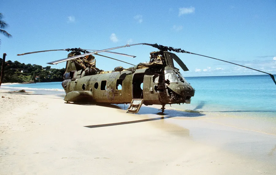A United States Marine Corps CH-46 Sea Knight helicopter on Grenada in 1983.
