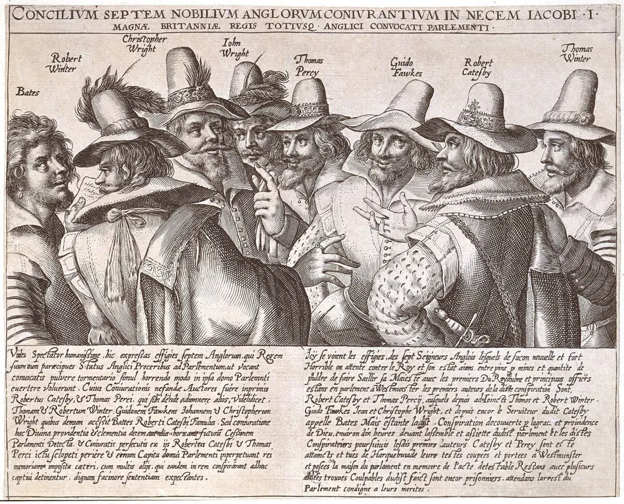 Eight of the Gunpowder Plot conspirators, Guy Fawkes among them, in an engraving by Crispijn van de Passe the Elder.