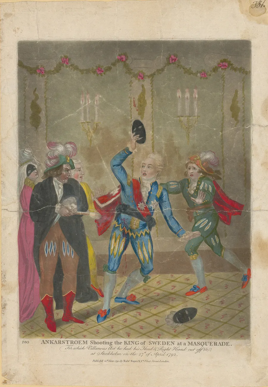 Anckarström shooting the King of Sweden at a masquerade, a London print of 1792.