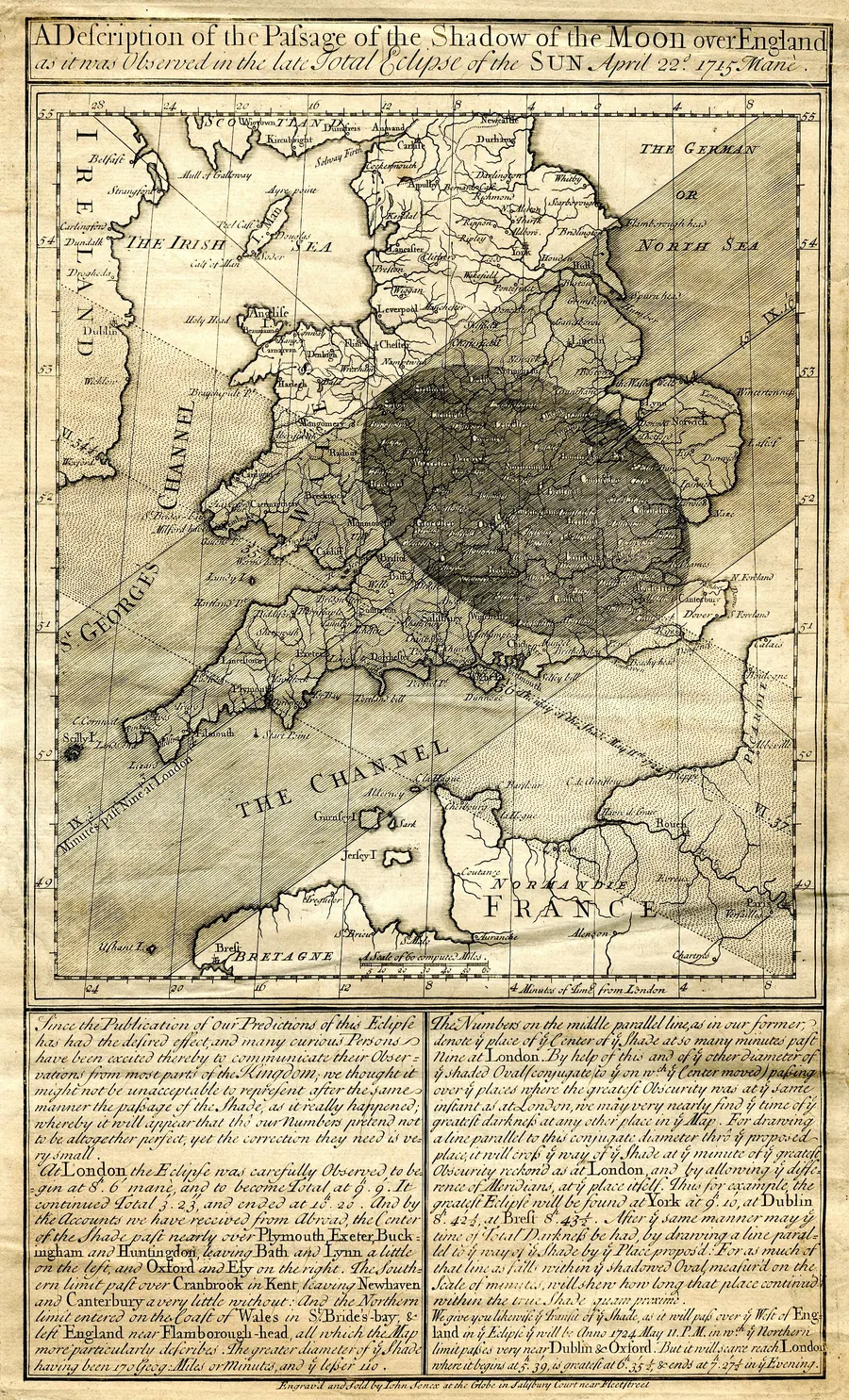 Halley's map of the Moon's shadow crossing England during the total eclipse of 22 April 1715 (Old Style).