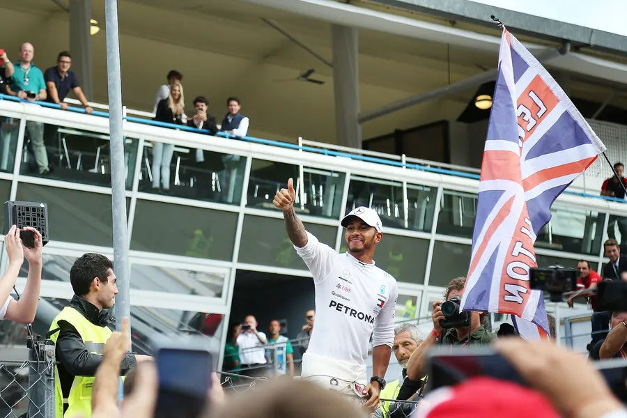 Lewis Hamilton greets the crowd at the Italian Grand Prix, 2018.