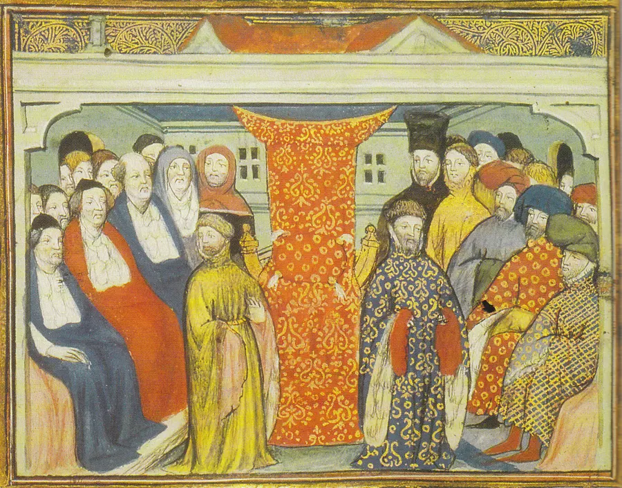 Henry of Bolingbroke, flanked by the lords spiritual and temporal, claims the throne in 1399, in a contemporary manuscript illustration.