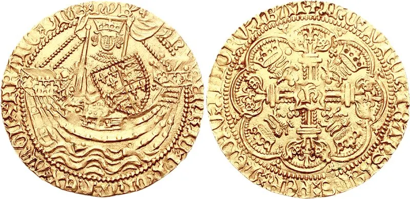 A gold noble coin of Henry V's reign, showing the king in a ship.
