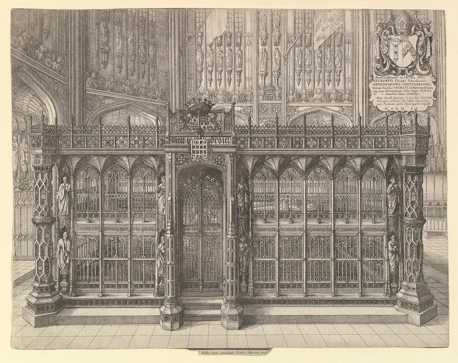 The tomb of Henry VII and Elizabeth of York in Westminster Abbey, inside its bronze screen; an engraving by Wenceslaus Hollar.