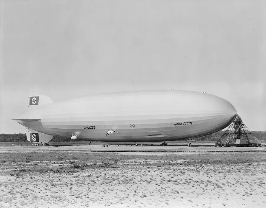 The Hindenburg at Lakehurst Naval Air Station in January 1937, months before its loss.