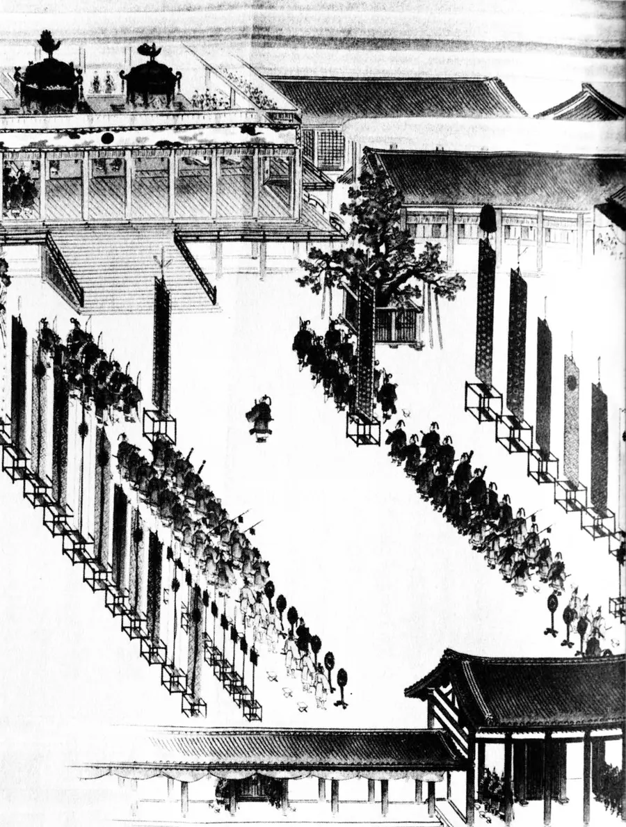 The enthronement ceremony at the Kyoto Imperial Palace, drawn for the Osaka Asahi newspaper, 1928.