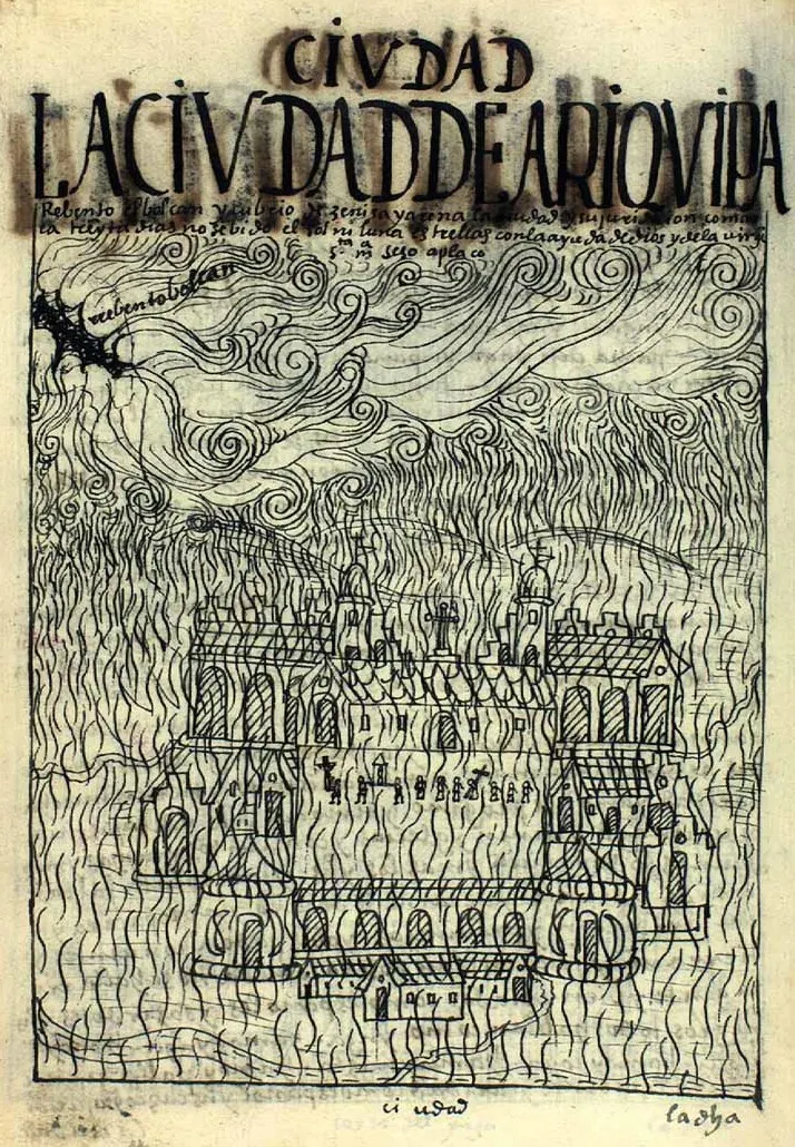 Ash falling on Arequipa during the eruption, in a drawing by the Andean chronicler Felipe Guaman Poma de Ayala, about 1615.