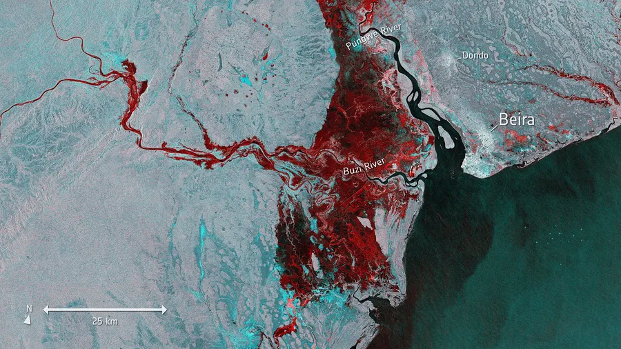 Flooding near Beira, Mozambique, on 19 March 2019, in false colour from the Copernicus Sentinel-1 satellite.