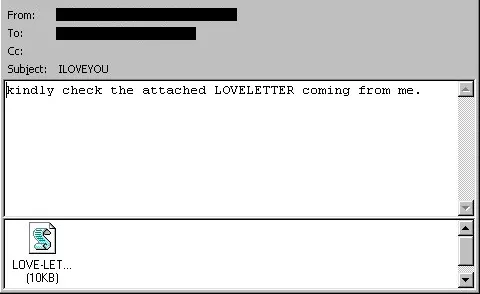 An illustration of the ILOVEYOU e-mail and its 'love letter' attachment.