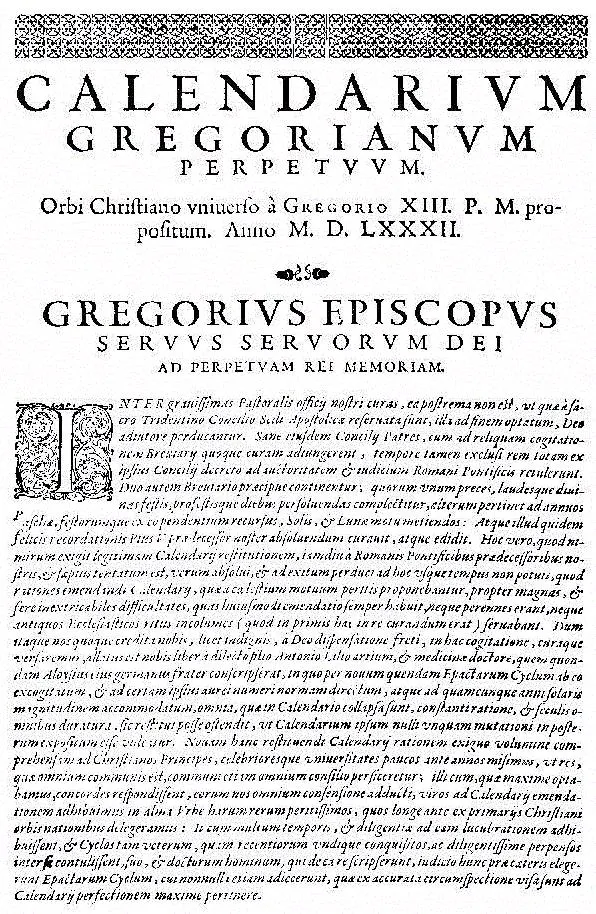 The first page of the papal bull Inter gravissimas, 1582.