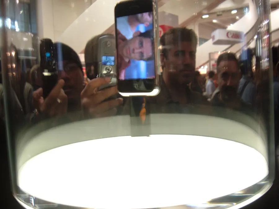 The first iPhone on show under a glass dome at Macworld in San Francisco on the day it was unveiled, 9 January 2007.