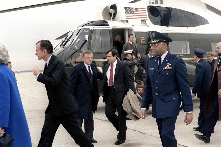 Vice-President George Bush waits at Andrews Air Force Base to welcome the freed hostages home, 27 January 1981.
