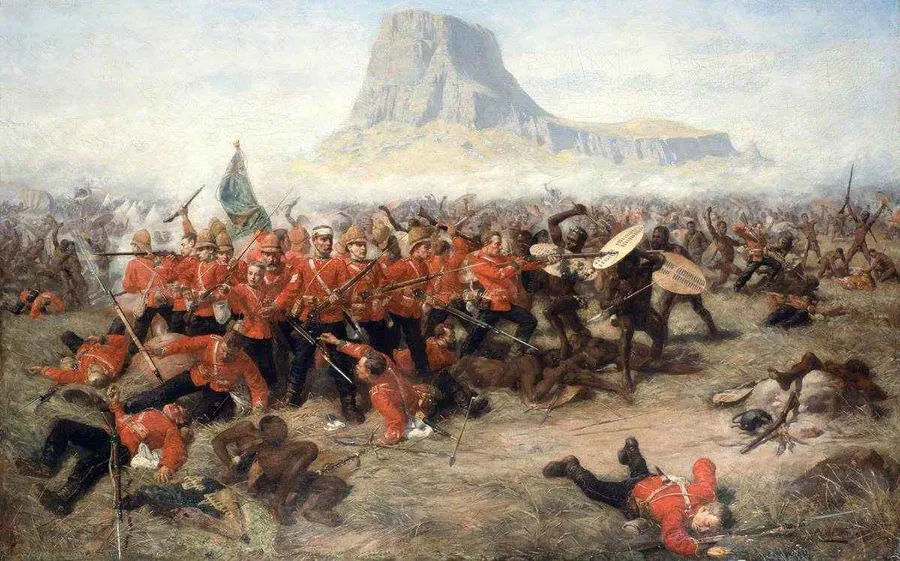 The Battle of Isandlwana, painted by Charles Edwin Fripp in 1885, with the mountain behind.