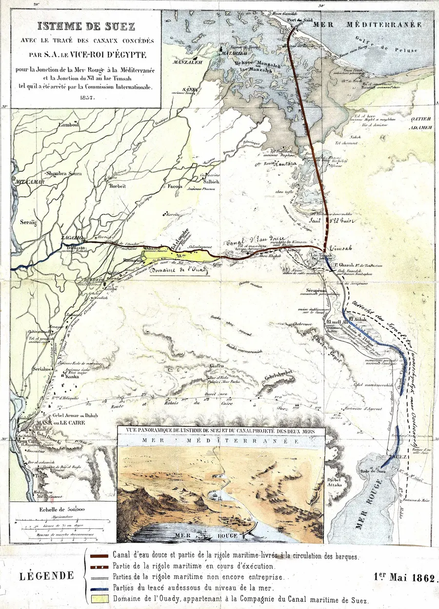 A French map of the Isthmus of Suez, updated to May 1862 to show how far the canal works had progressed.