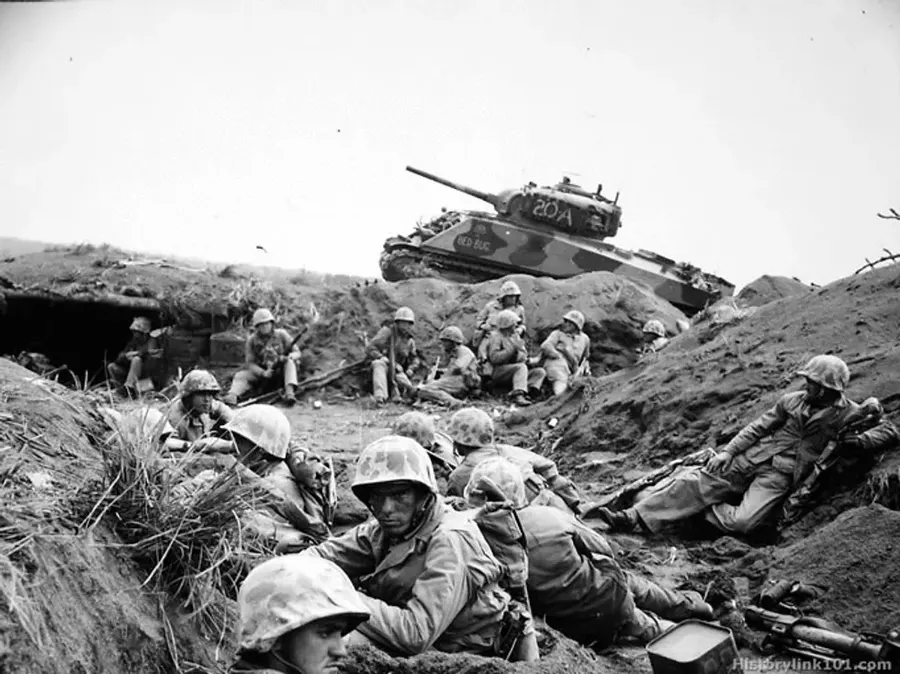 US Marines and a tank on Iwo Jima, 1945.