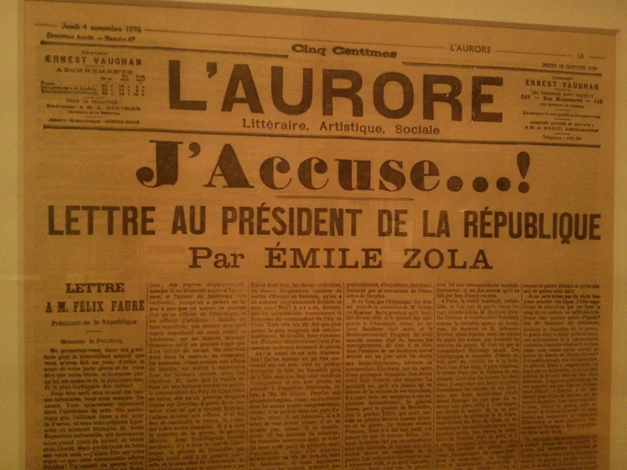The front page of L'Aurore carrying Émile Zola's open letter J'accuse…!, 1898.