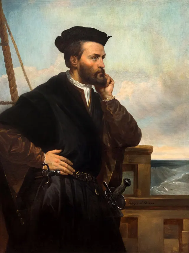 Jacques Cartier in a 19th-century portrait by Théophile Hamel; no portrait from his lifetime survives.