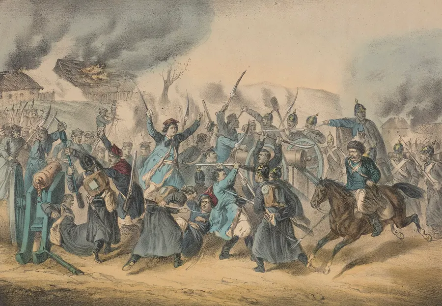 Polish scythemen attack Russian guns at Węgrów on 3 February 1863, in the uprising's first weeks; a lithograph by Karl Lanzedelly.