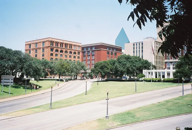 Dealey Plaza in Dallas, with the former Texas School Book Depository on the left, photographed in 2003.