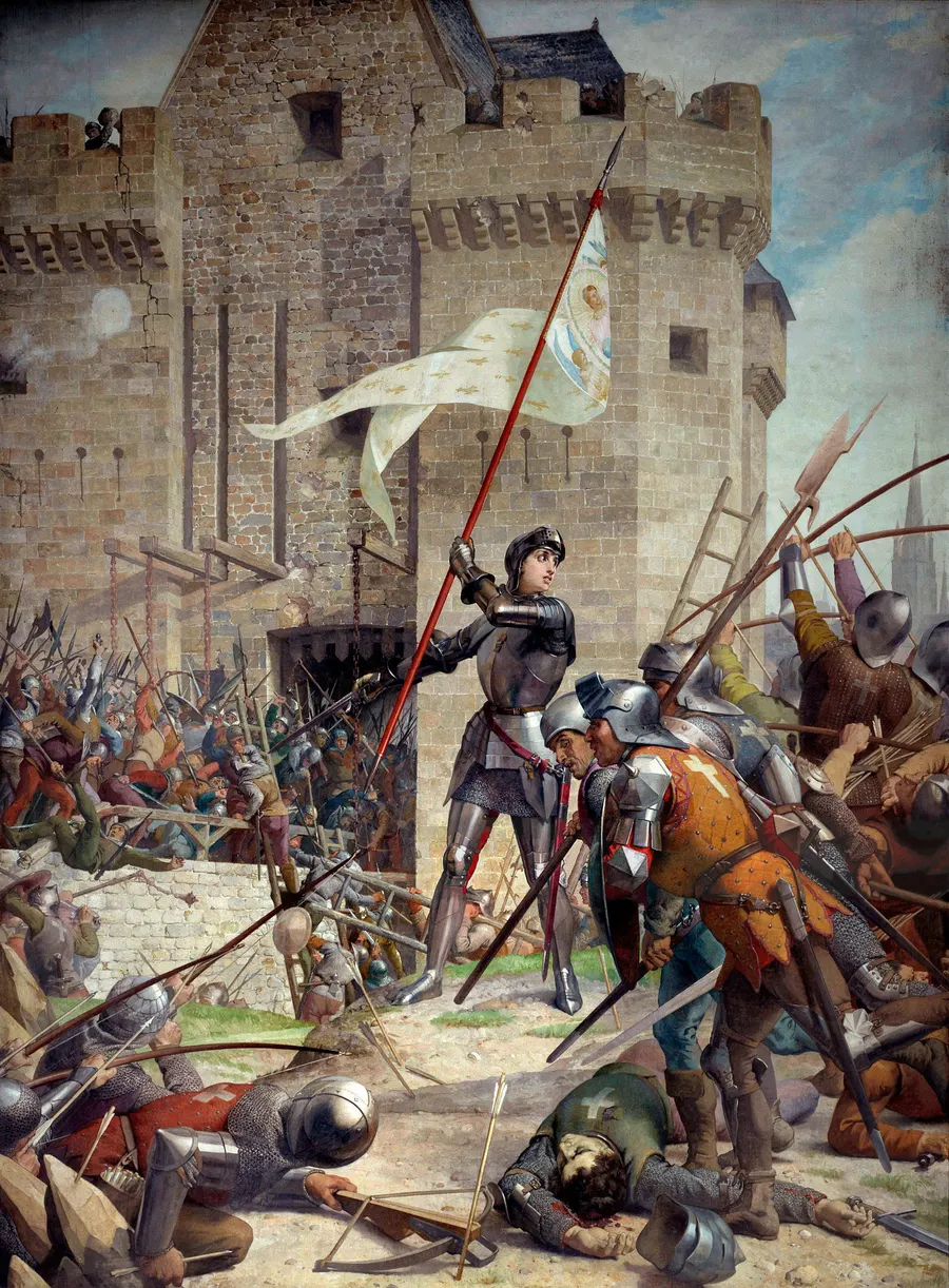 Joan of Arc at the siege of Orléans, a romantic scene painted by Jules Eugène Lenepveu in 1886-1890 for the Panthéon, Paris.