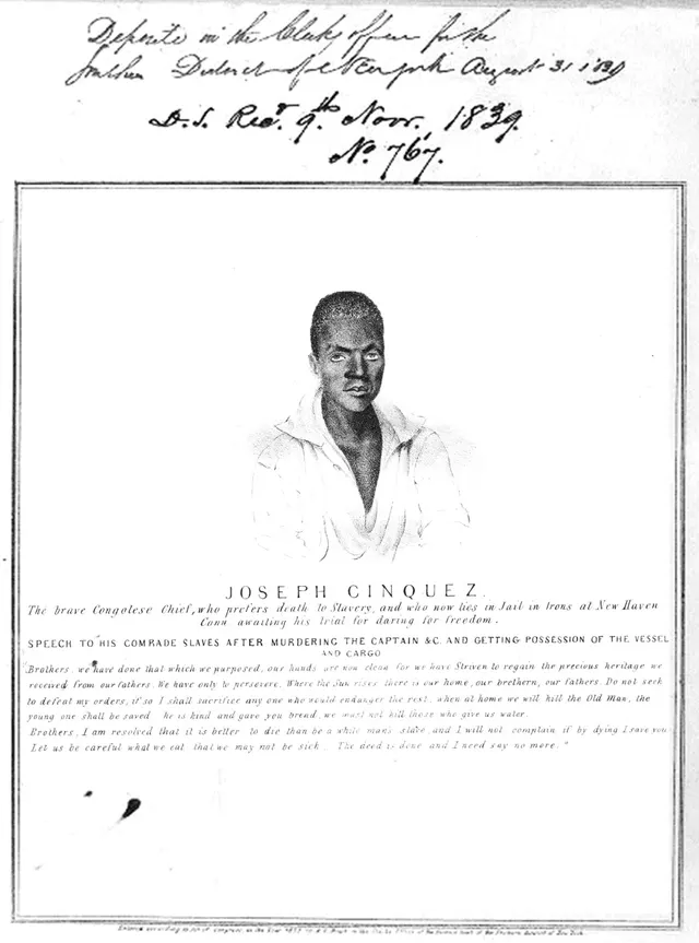 A broadside of 1839 with a portrait of Joseph Cinqué (Sengbe Pieh), leader of the revolt on the Amistad.