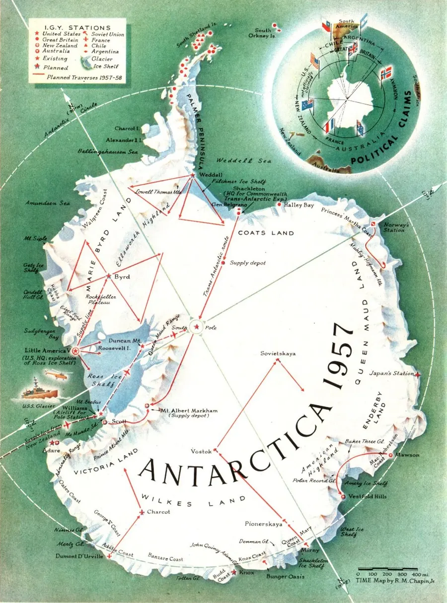A map of Antarctica published in 1957, when the continent was a main focus of the International Geophysical Year