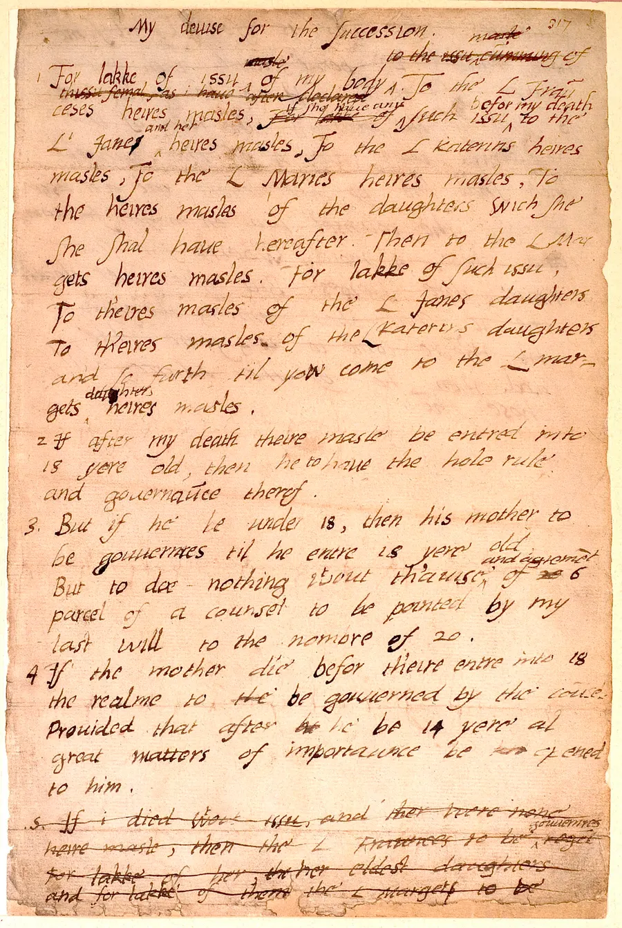 Edward VI's handwritten 'devise for the succession', the document that passed the crown to Lady Jane Grey