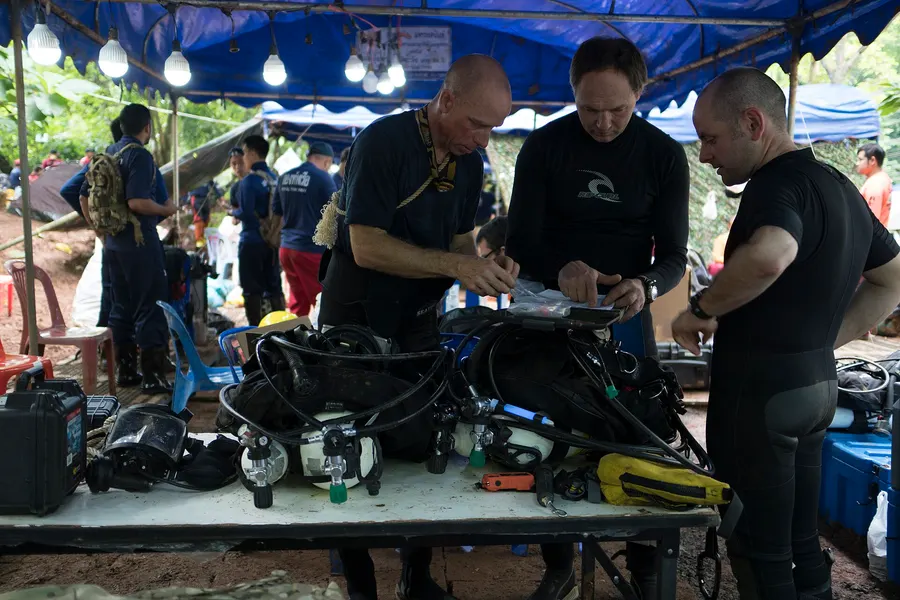 Cave rescue divers preparing their equipment at the Tham Luang cave in July 2018
