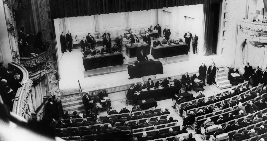 Deputies and senators meeting together as the National Assembly in the theatre of the Grand Casino at Vichy, 10 July 1940