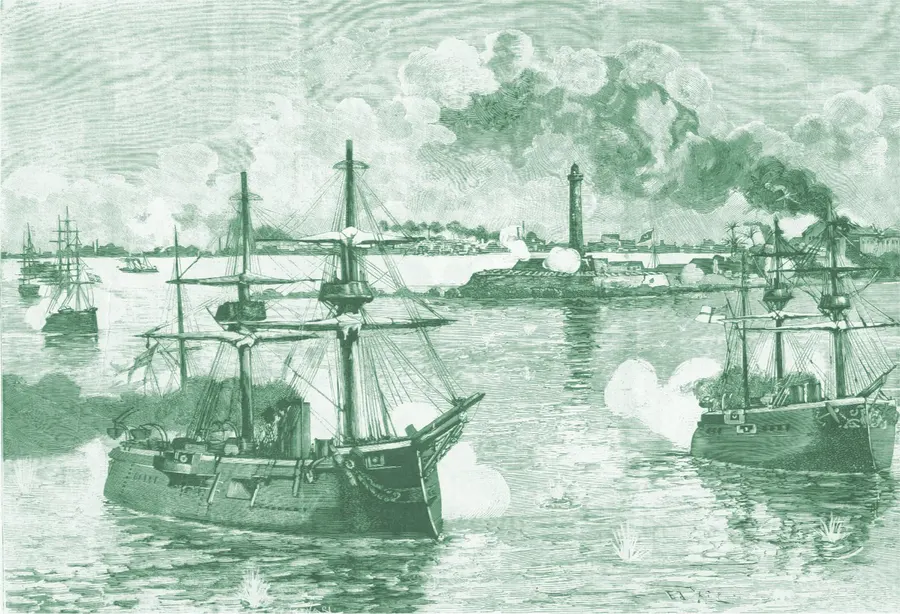 British warships shelling the forts of Alexandria in July 1882, in a print after Eduardo Ximenes