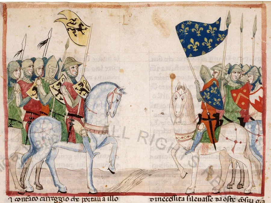 The Flemish and French armies facing each other in 1302, from a 14th-century manuscript of Giovanni Villani's Nuova Cronica