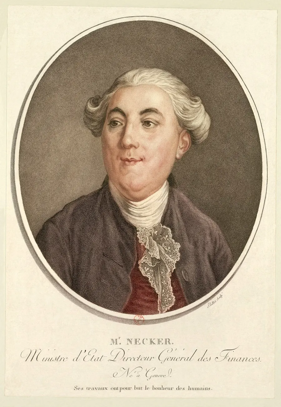 Jacques Necker, Louis XVI's director-general of finances, in an 18th-century engraving by Boillet