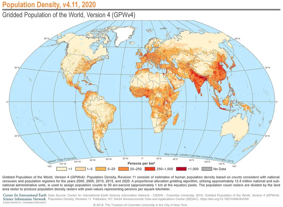 A world map of population density in 2020, from NASA's SEDAC data centre