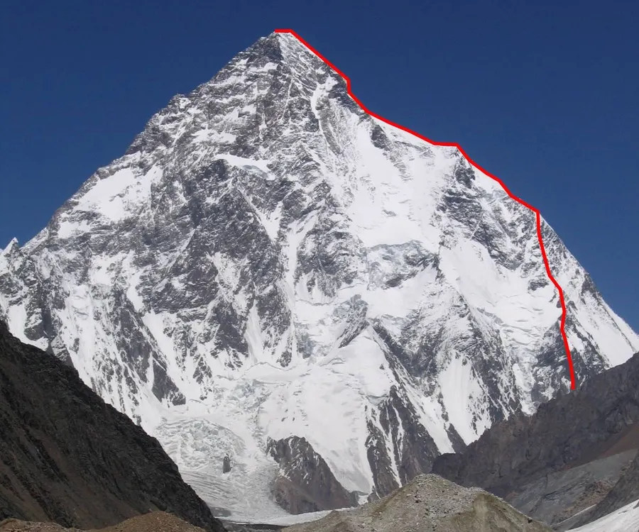K2 with the line of the Abruzzi Spur, the route of Messner and Dacher's climb