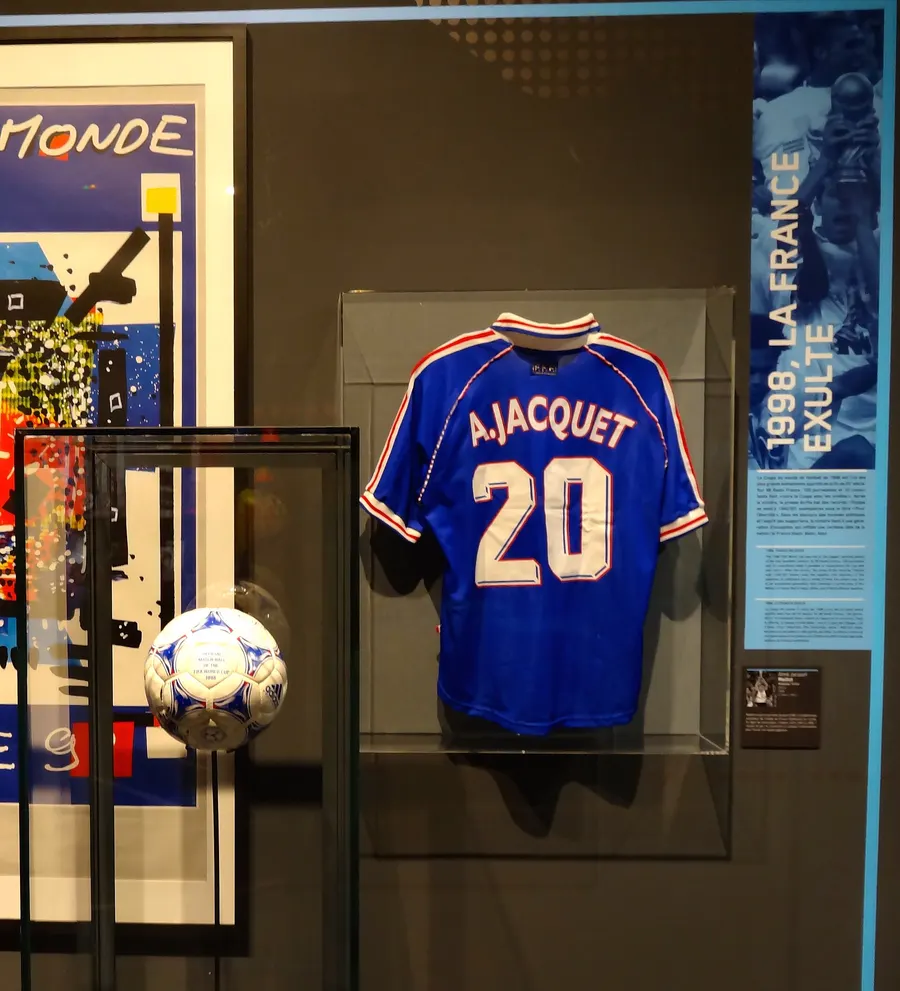 The ball used in the 1998 final, displayed in an exhibition beside Aimé Jacquet's France shirt
