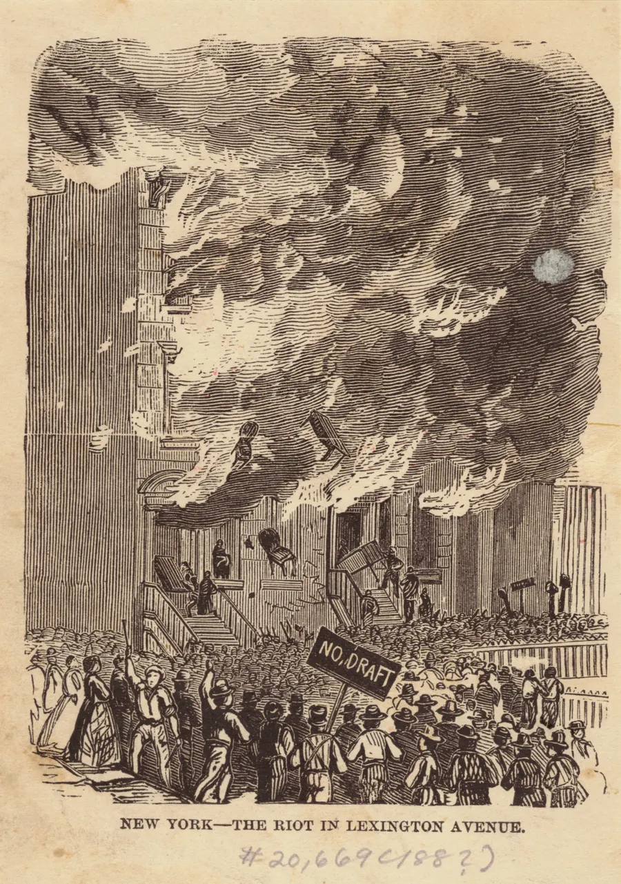 Crowds and burning buildings on Lexington Avenue during the riots, in a 19th-century engraving
