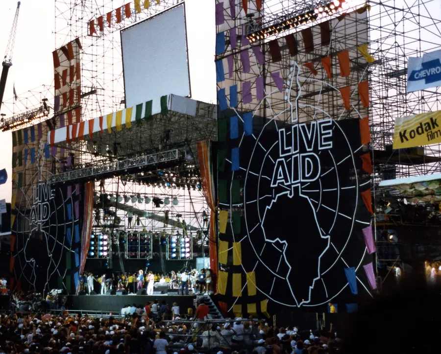 The Live Aid stage, with its guitar-shaped map of Africa, at JFK Stadium in Philadelphia
