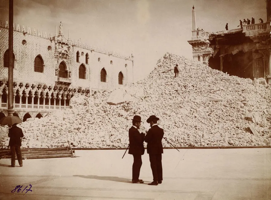 The rubble of the fallen campanile in St Mark's Square, Venice, in 1902