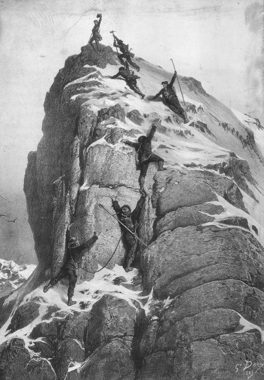 Whymper's party reaching the summit of the Matterhorn, in an engraving by Gustave Doré