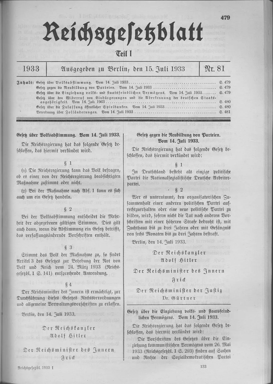 The law against the formation of new parties, dated 14 July 1933, as printed in the Reichsgesetzblatt, Germany's official law gazette