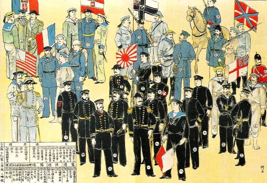 Soldiers of the eight allied nations in their different uniforms and flags, in a coloured print of the time