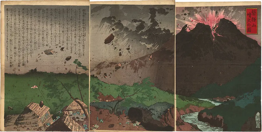 The eruption of Mount Bandai, in a Japanese woodblock print by Inoue Tankei published in 1888