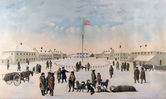 Fort Garry, the Hudson's Bay Company post at Red River, in a winter scene dated 1884