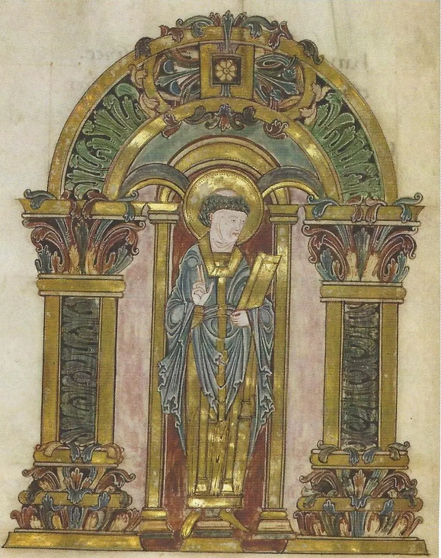 St Swithun, from the Benedictional of St Æthelwold, a manuscript made at Winchester in the 10th century