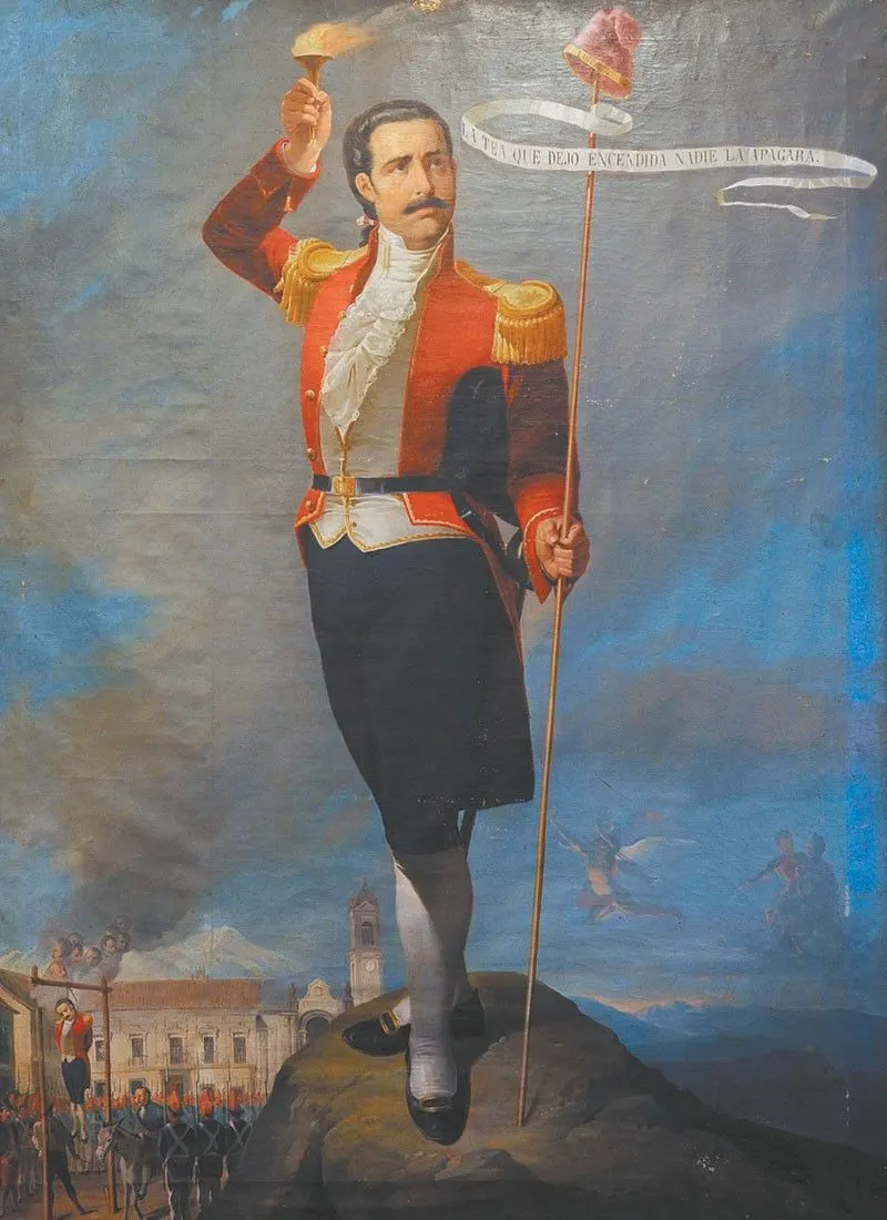 Pedro Domingo Murillo, leader of the La Paz rising, holding a torch above the city in a portrait by Joaquín Pinto