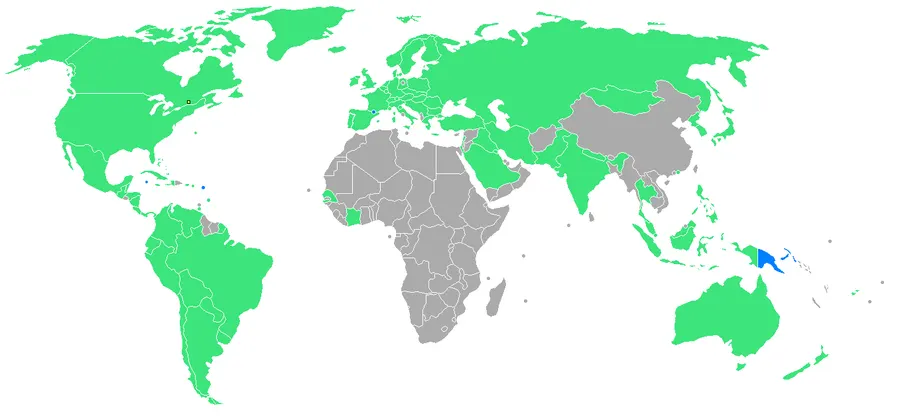 The nations at the 1976 Olympics shown in green, with most of Africa, which stayed away, in grey