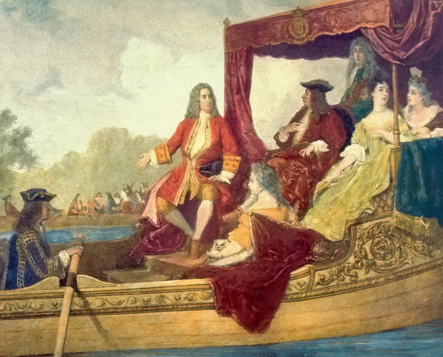 George I and his guests on the royal barge, with Handel standing beside him, in a 19th-century painting by Edouard Hamman