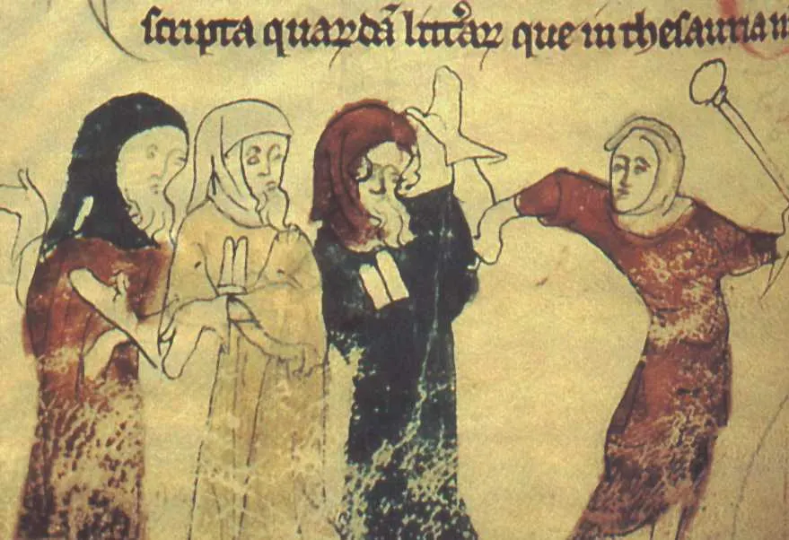 The expulsion of the Jews, drawn in the margin of the Rochester Chronicle, a 14th-century English manuscript in the British Library