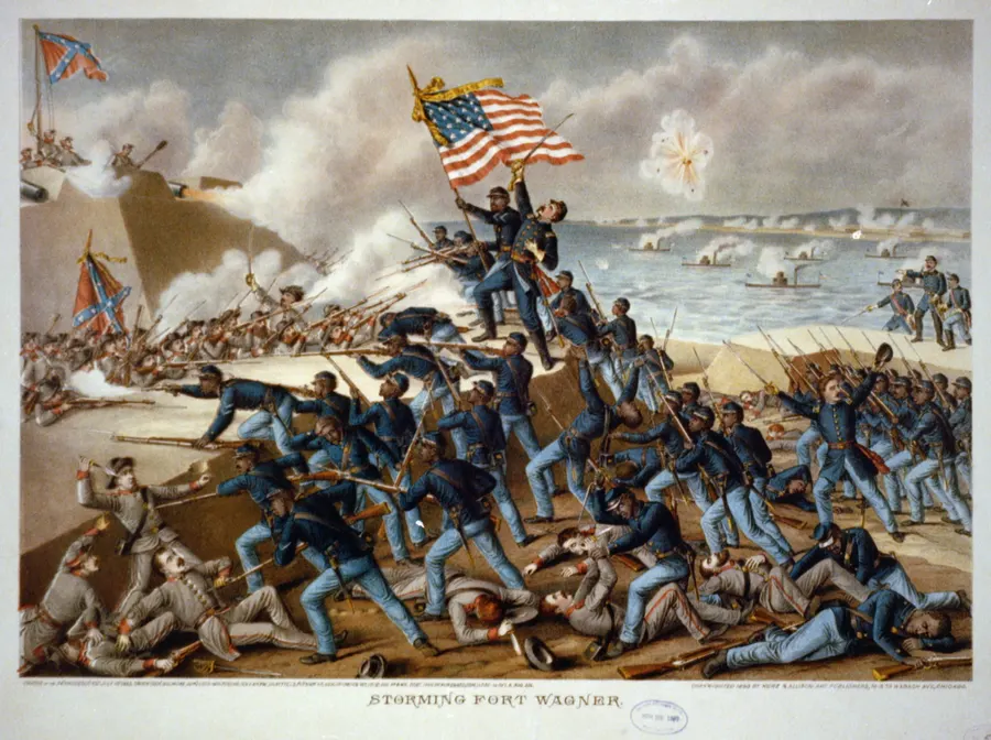 The 54th Massachusetts on the walls of Fort Wagner, in a lithograph by Kurz and Allison, 1890