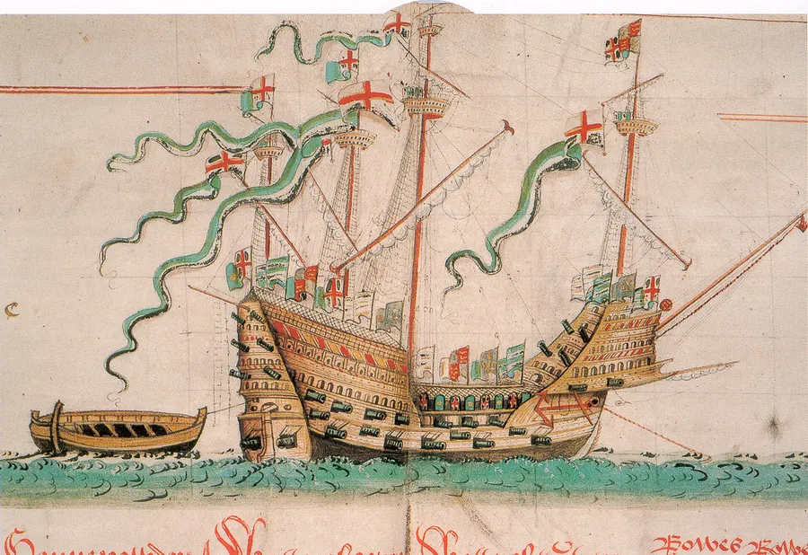 The Mary Rose as drawn in the Anthony Roll, an illustrated inventory of Henry VIII's navy made around 1546